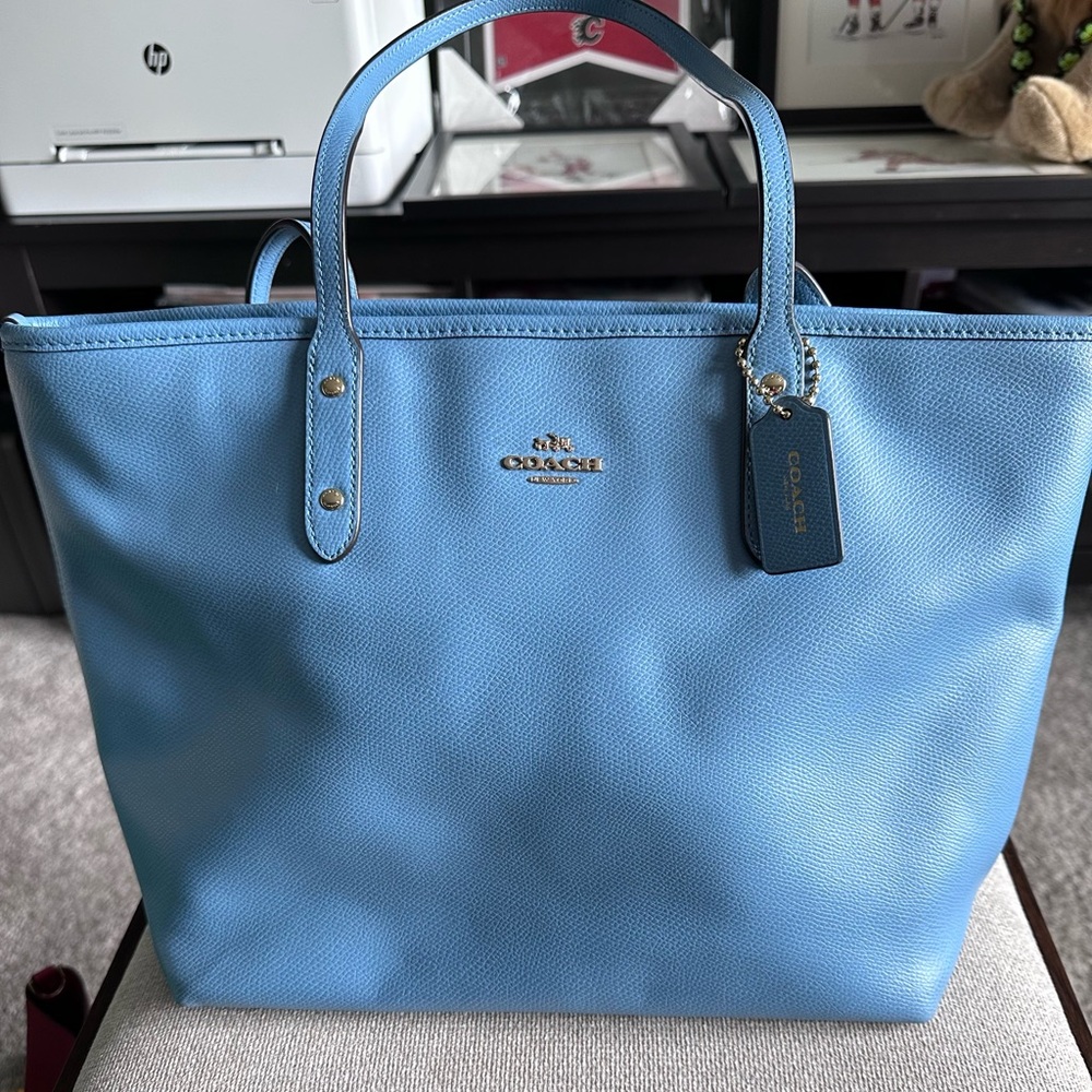 Coach Light Blue Leather Tote with Signature Tag - Picture 2 of 8